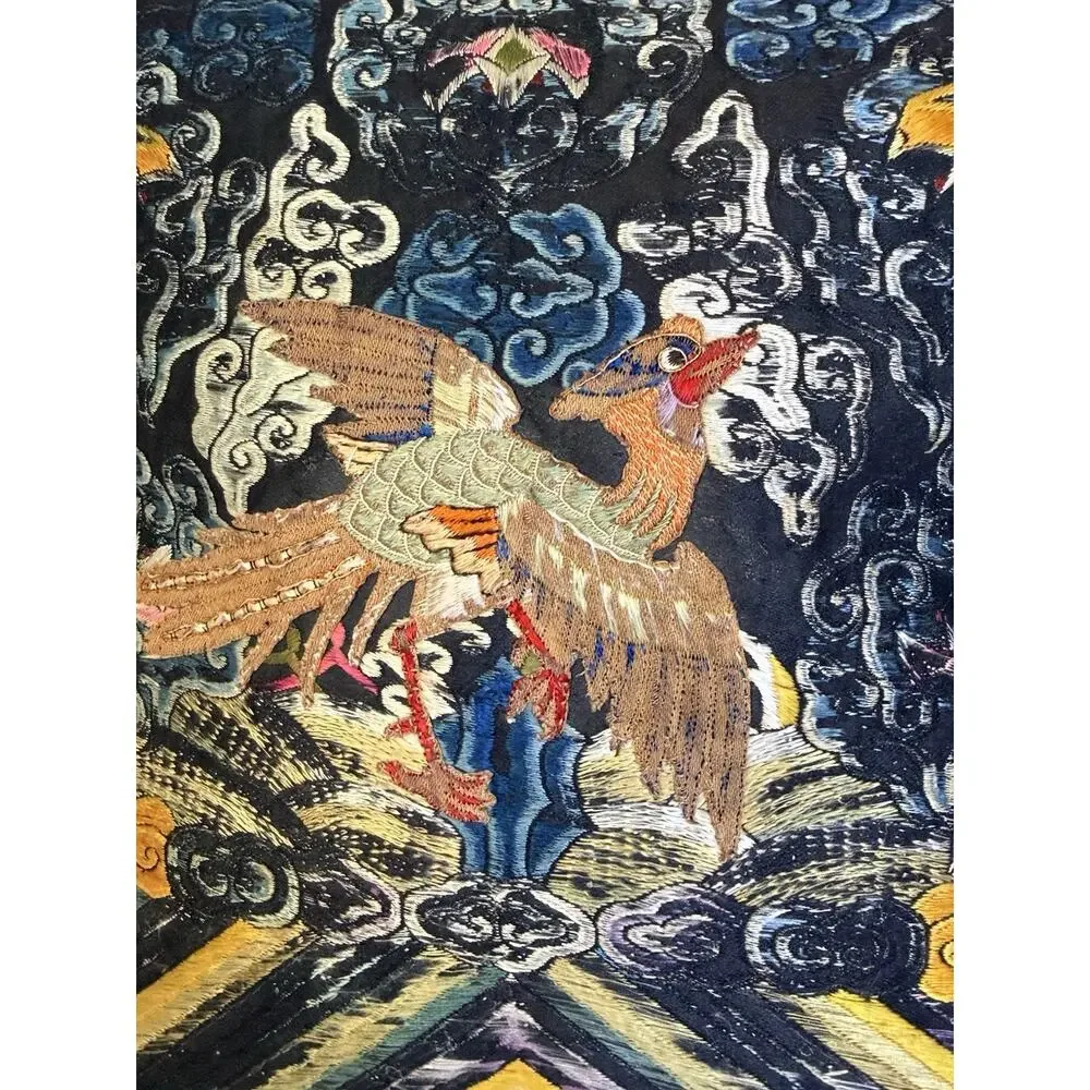 Vintage Chinese Embroidered Bird Rank Badge Pillows Possibly Silk Pair 12”
